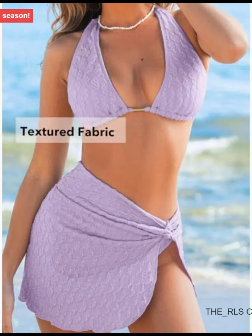 Three Piece Bikini Set with V Neck Halter Back Self Tie Twist Sarong